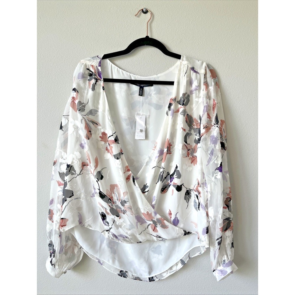 White House Black Market Silk Blend Floral Faux Wrap Top Blouse Sz 10 NWT H28